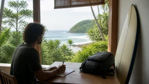 Cestovatel připravuje první dotaz na surf camp v Santa Teřeze