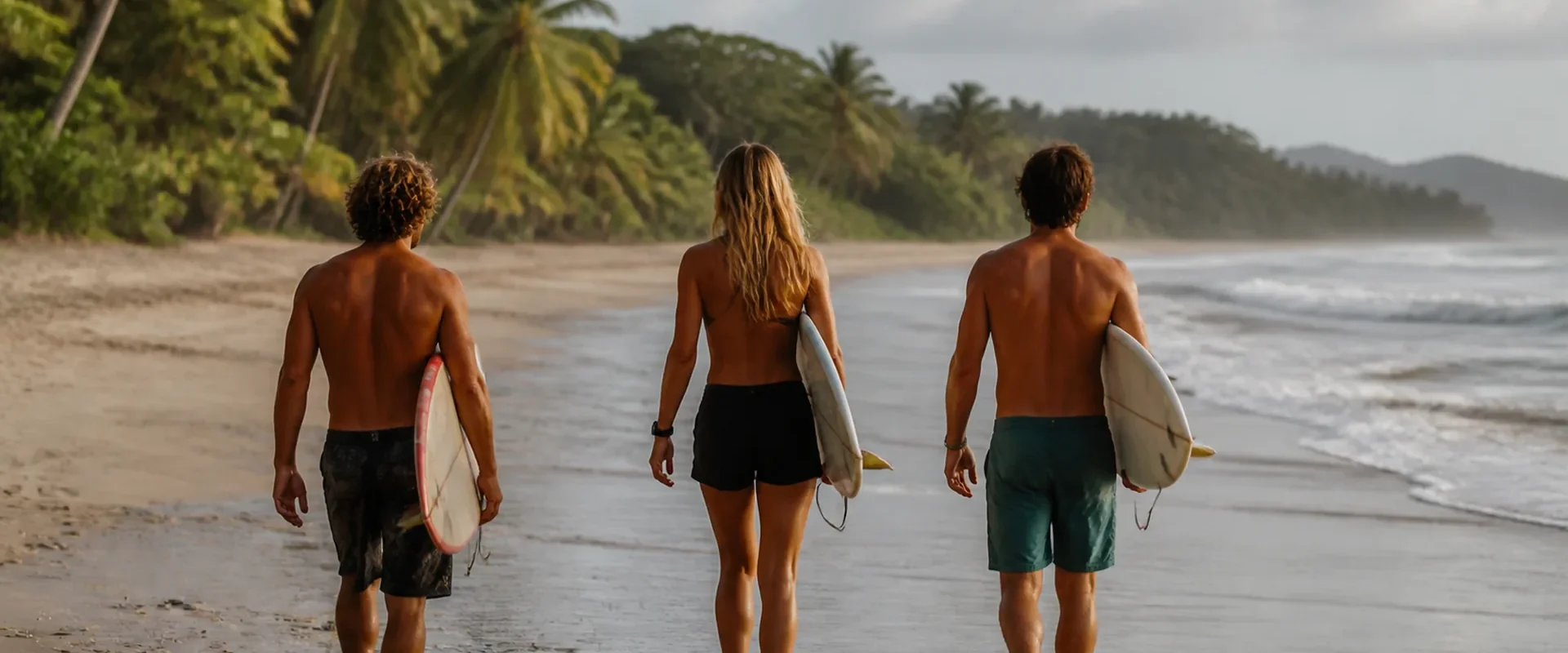 Tři přátelé se surfovými prkny plánují společný surf camp v Santa Teřeze
