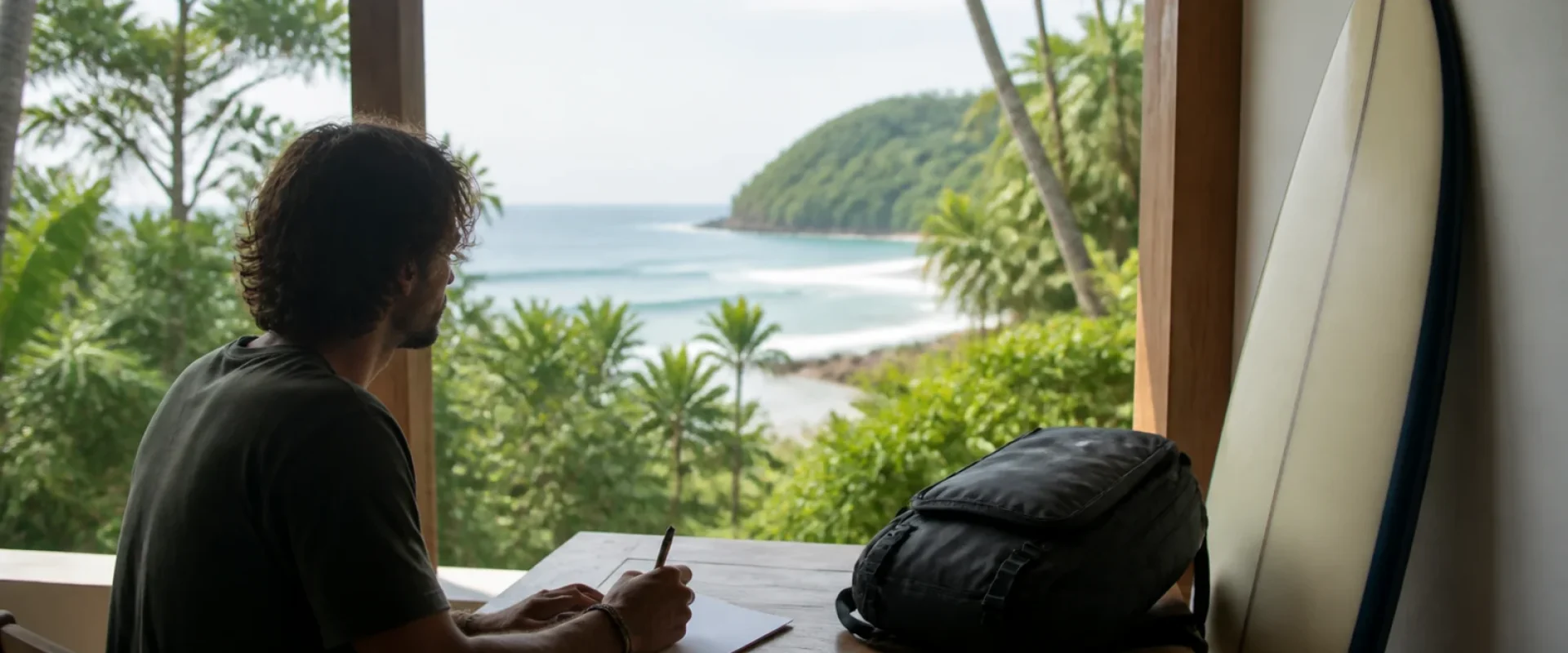 Cestovatel připravuje první dotaz na surf camp v Santa Teřeze
