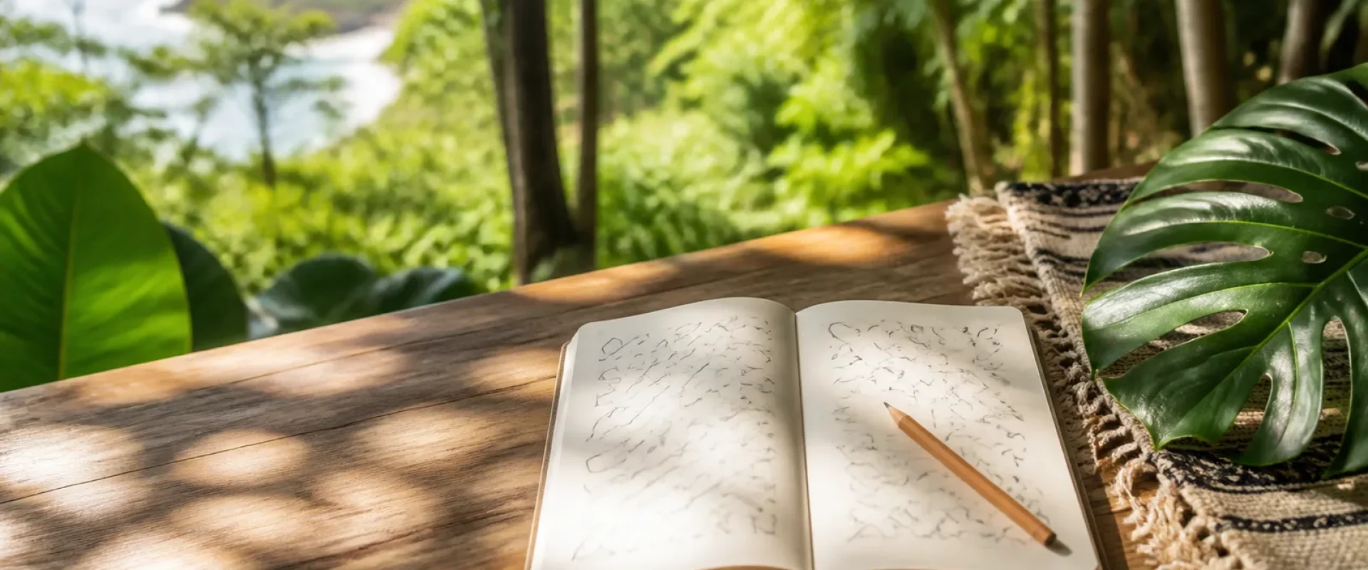 Carnet ouvert, crayon et tissu tissé sur une table en bois près d'une végétation tropicale.